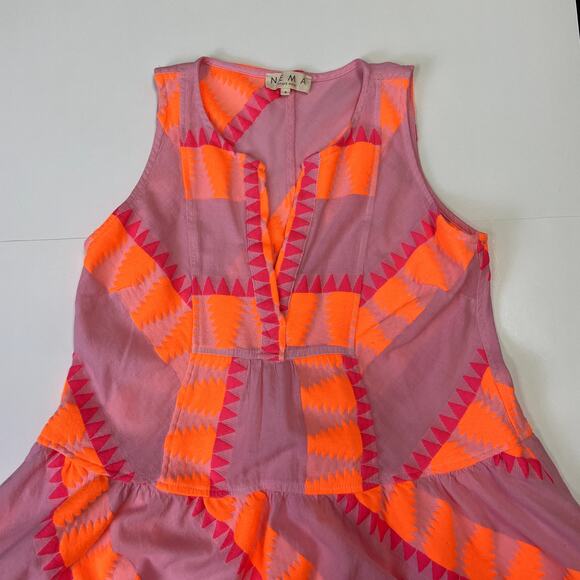 NEMA Resort Wear  Embroidered Tiered Short Dress Neon Print Sleeveless S - Picture 7 of 15